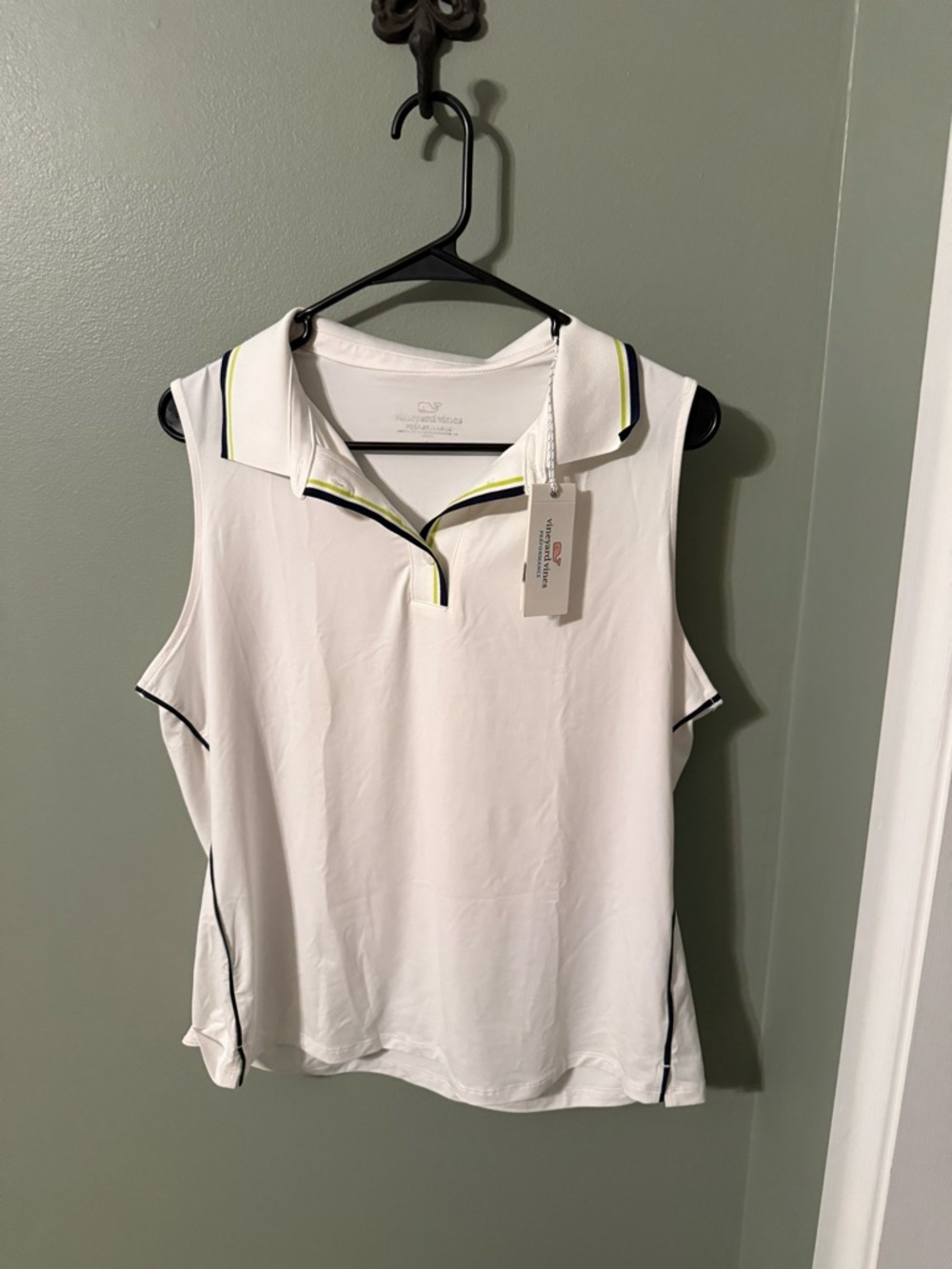 Vineyard Vines White Sleeveless Polo with Navy and Lime Trim Womens